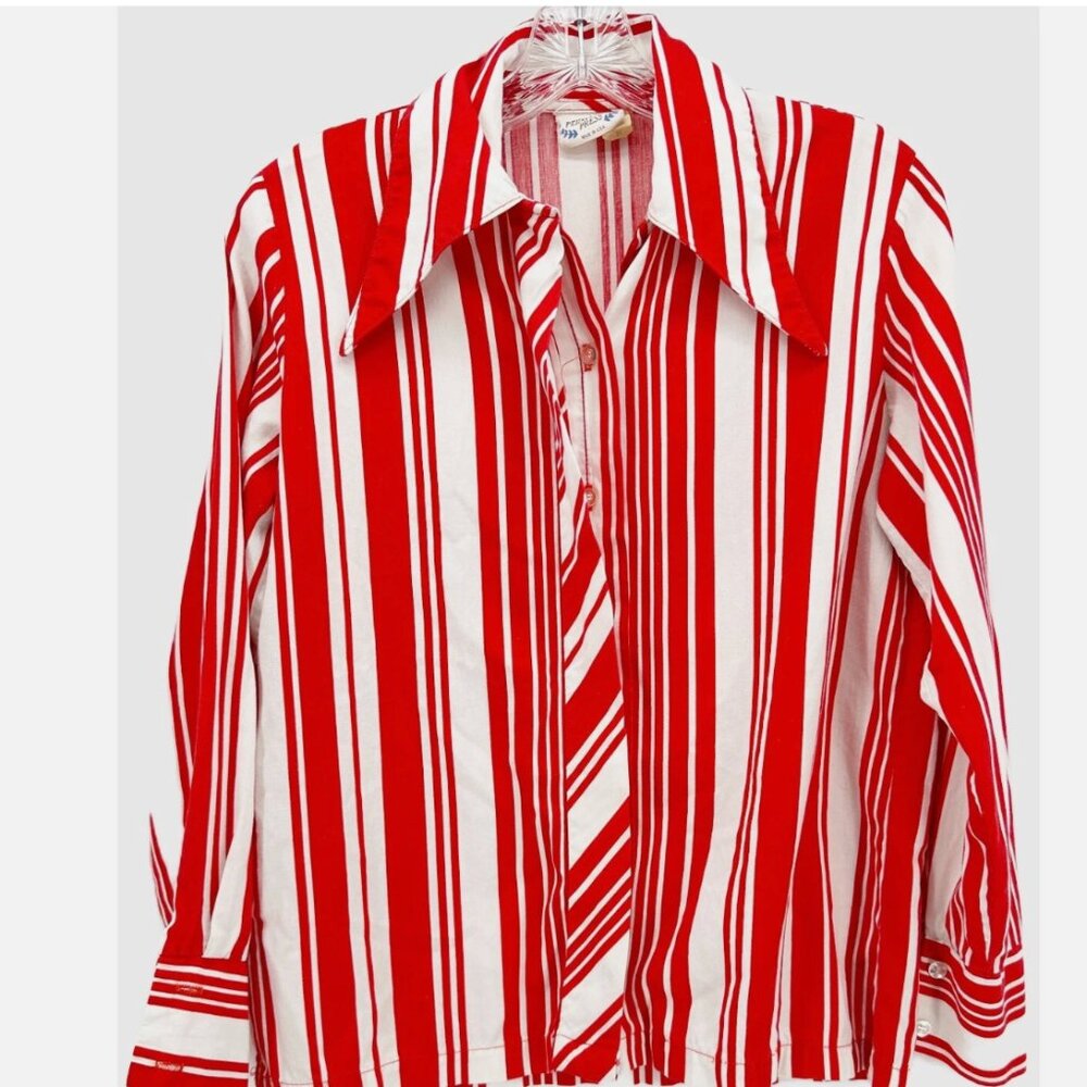 PERMANENT PRESS Button Down Red Stripe Dagger Collar Top XS - Picture 7 of 7